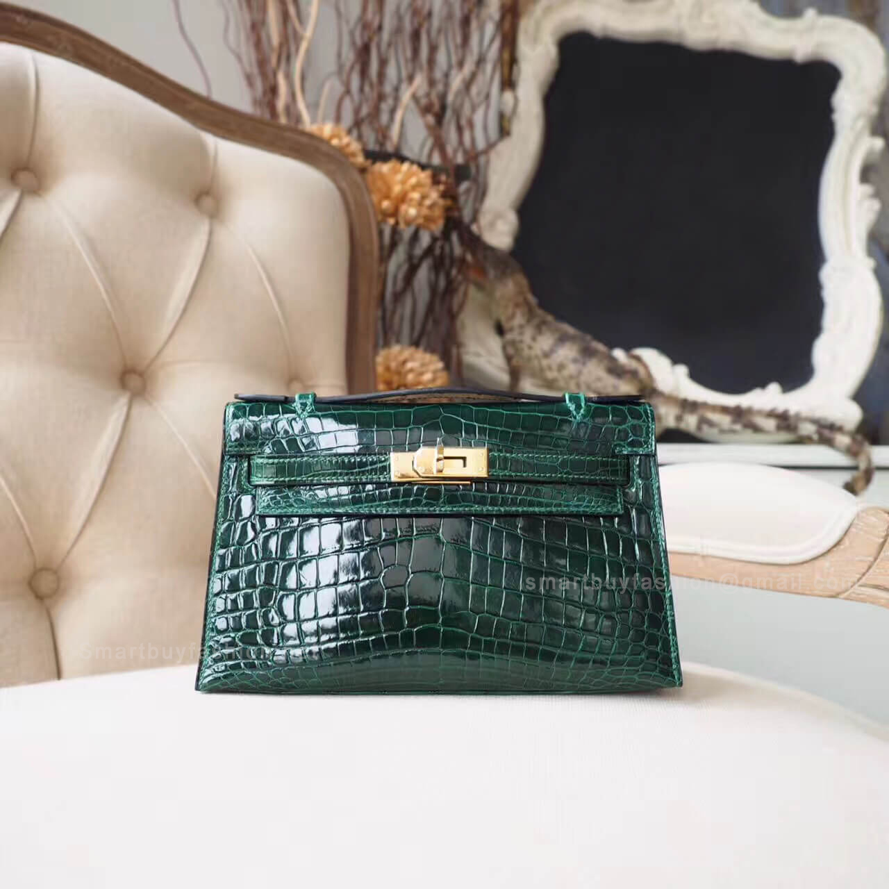 Hermes Mini Kelly 22 Pochette Bag in ck67 Vert Fonce Shiny Nile Croc GHW